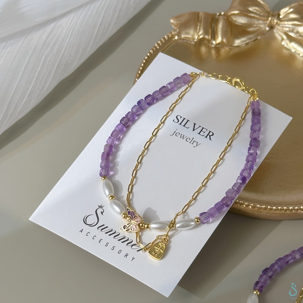 SUMMER 銀飾💫［925純銀］🦋 仙氣爆棚 天然紫水晶<柔光蝶語>全純銀鍍18K金 夢幻蝴蝶 純銀手鏈-細節圖4