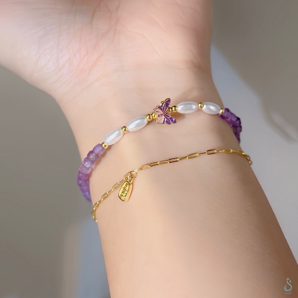 SUMMER 銀飾💫［925純銀］🦋 仙氣爆棚 天然紫水晶<柔光蝶語>全純銀鍍18K金 夢幻蝴蝶 純銀手鏈-細節圖2