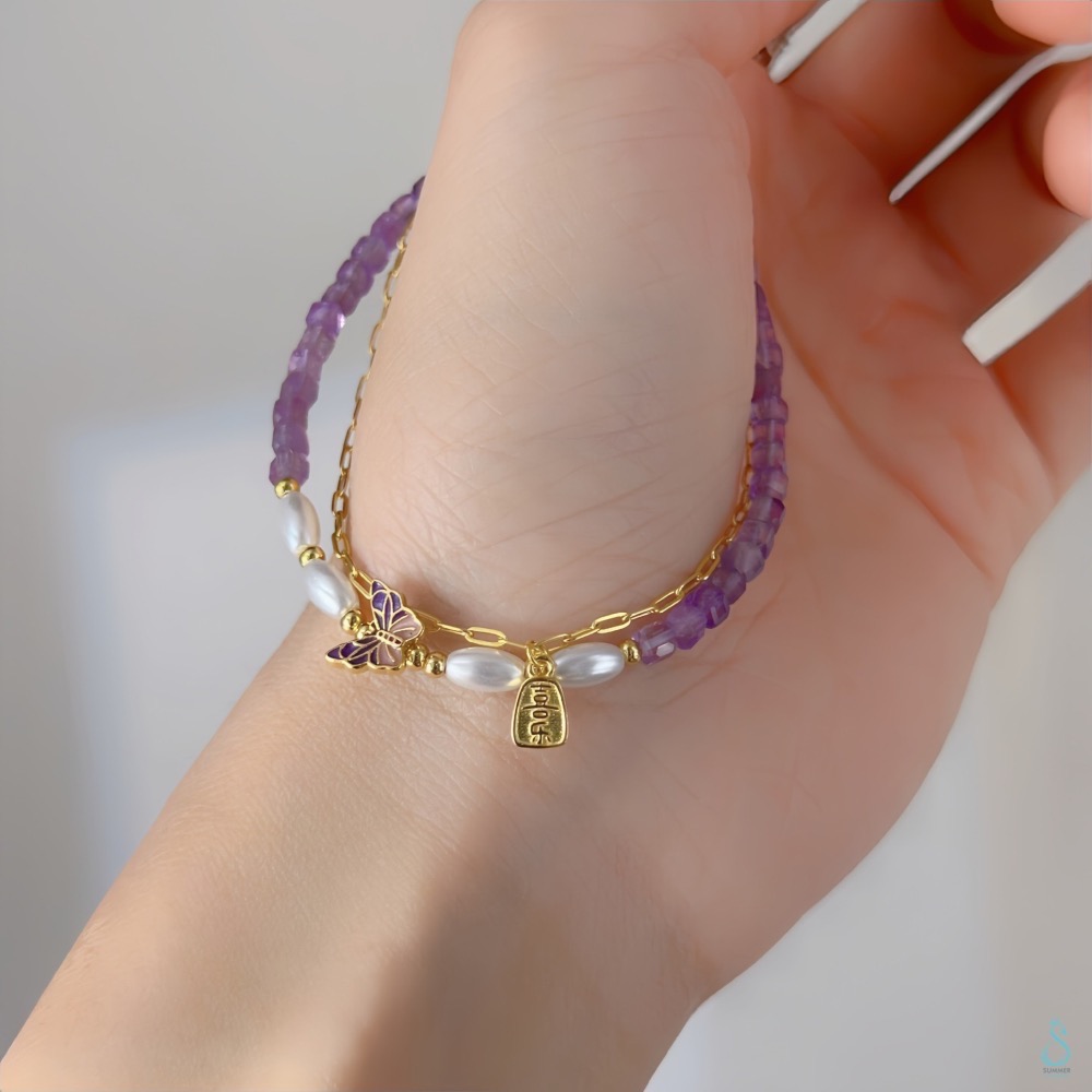 SUMMER 銀飾💫［925純銀］🦋 仙氣爆棚 天然紫水晶<柔光蝶語>全純銀鍍18K金 夢幻蝴蝶 純銀手鏈-細節圖5