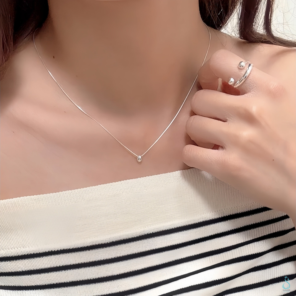 SUMMER 韓飾💫［925純銀］氣質閃耀<小銀豆項鏈>正韓 實心立體銀豆 純銀項鍊 鎖骨鏈 簡約 百搭 純銀飾品-細節圖3