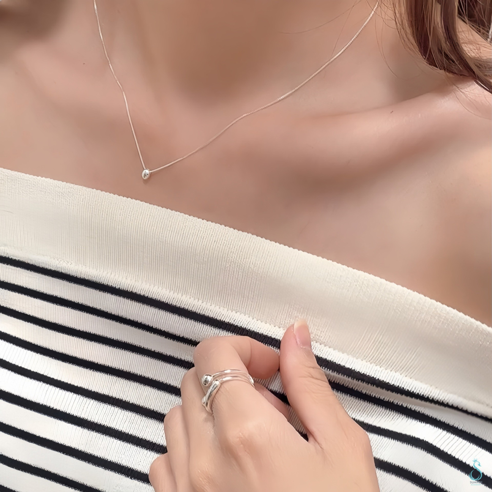 SUMMER 韓飾💫［925純銀］氣質閃耀<小銀豆項鏈>正韓 實心立體銀豆 純銀項鍊 鎖骨鏈 簡約 百搭 純銀飾品-細節圖4