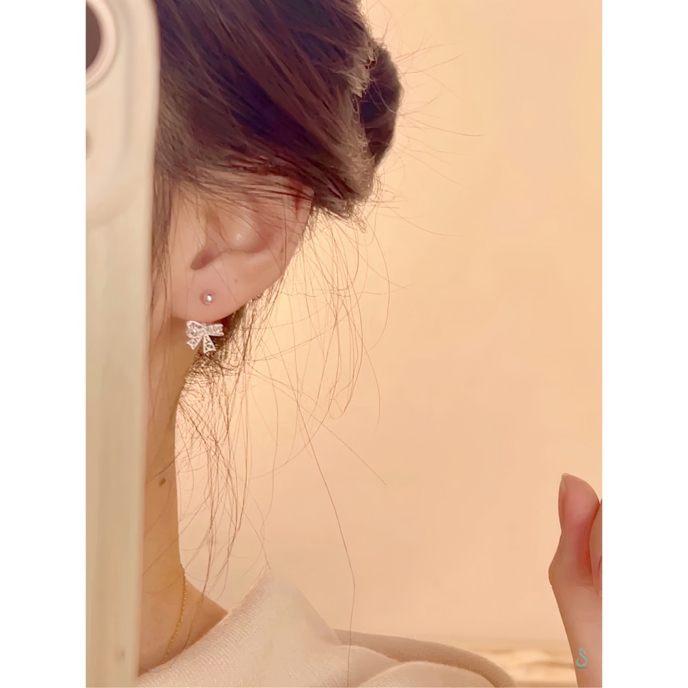 SUMMER 銀飾💫［999足銀］<心悅蝴蝶結>耳環 鎖珠式耳環 C型純銀耳環 蝴蝶結耳環 純銀飾品-細節圖5