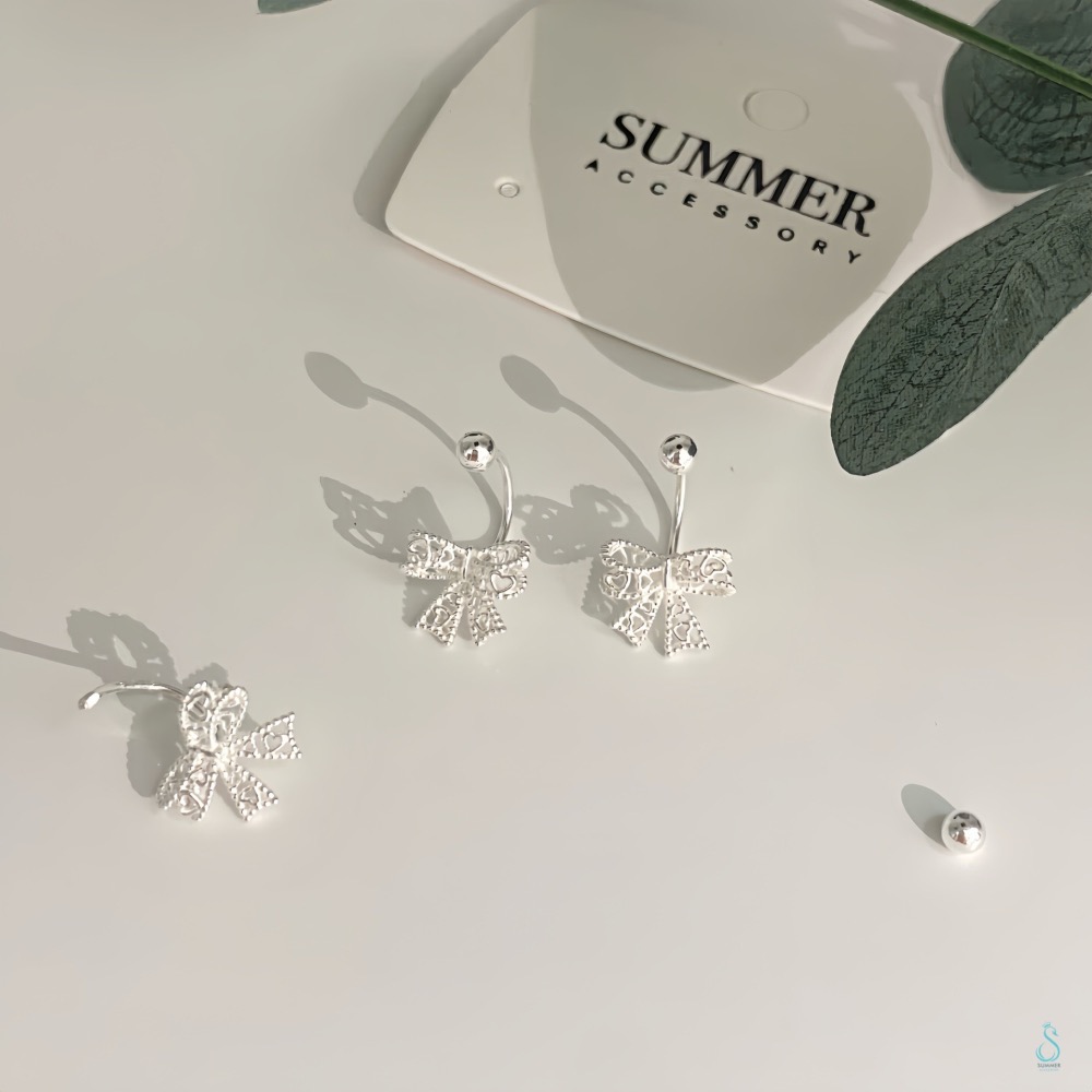 SUMMER 銀飾💫［999足銀］<心悅蝴蝶結>耳環 鎖珠式耳環 C型純銀耳環 蝴蝶結耳環 純銀飾品-細節圖6