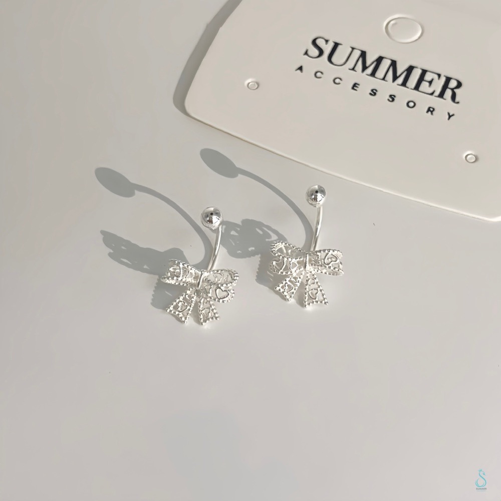 SUMMER 銀飾💫［999足銀］<心悅蝴蝶結>耳環 鎖珠式耳環 C型純銀耳環 蝴蝶結耳環 純銀飾品-細節圖7