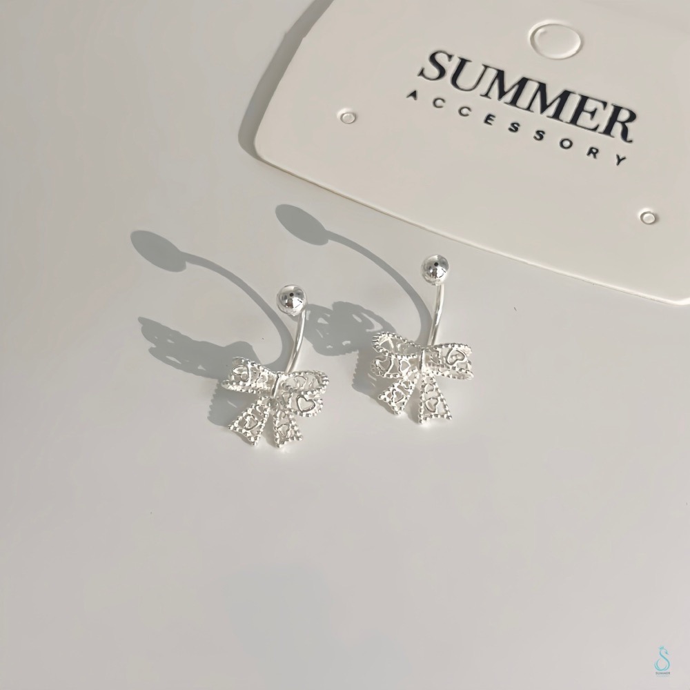 SUMMER 銀飾💫［999足銀］<心悅蝴蝶結>耳環 鎖珠式耳環 C型純銀耳環 蝴蝶結耳環 純銀飾品-細節圖7