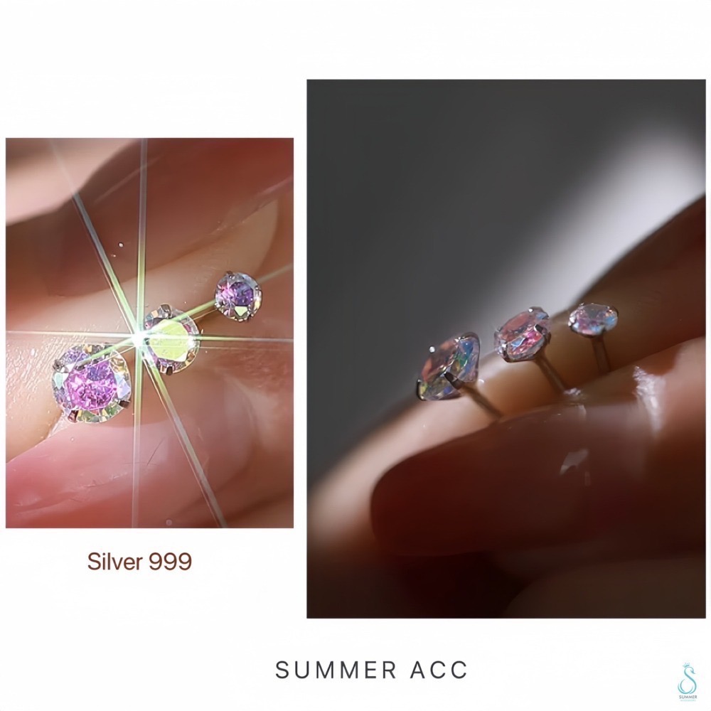 SUMMER 銀飾💫 ［S999足銀/S925純銀 ］閃亮煥采圓鑽 鎖珠式耳環 洗澡睡覺不用摘 養耳抗過敏 純銀耳環-細節圖2