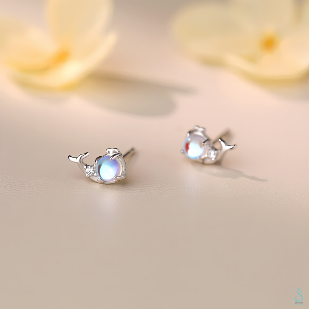 SUMMER 銀飾💫［999足銀］夢幻<微光海鯨>小鯨魚純銀耳環 純銀飾品-細節圖4