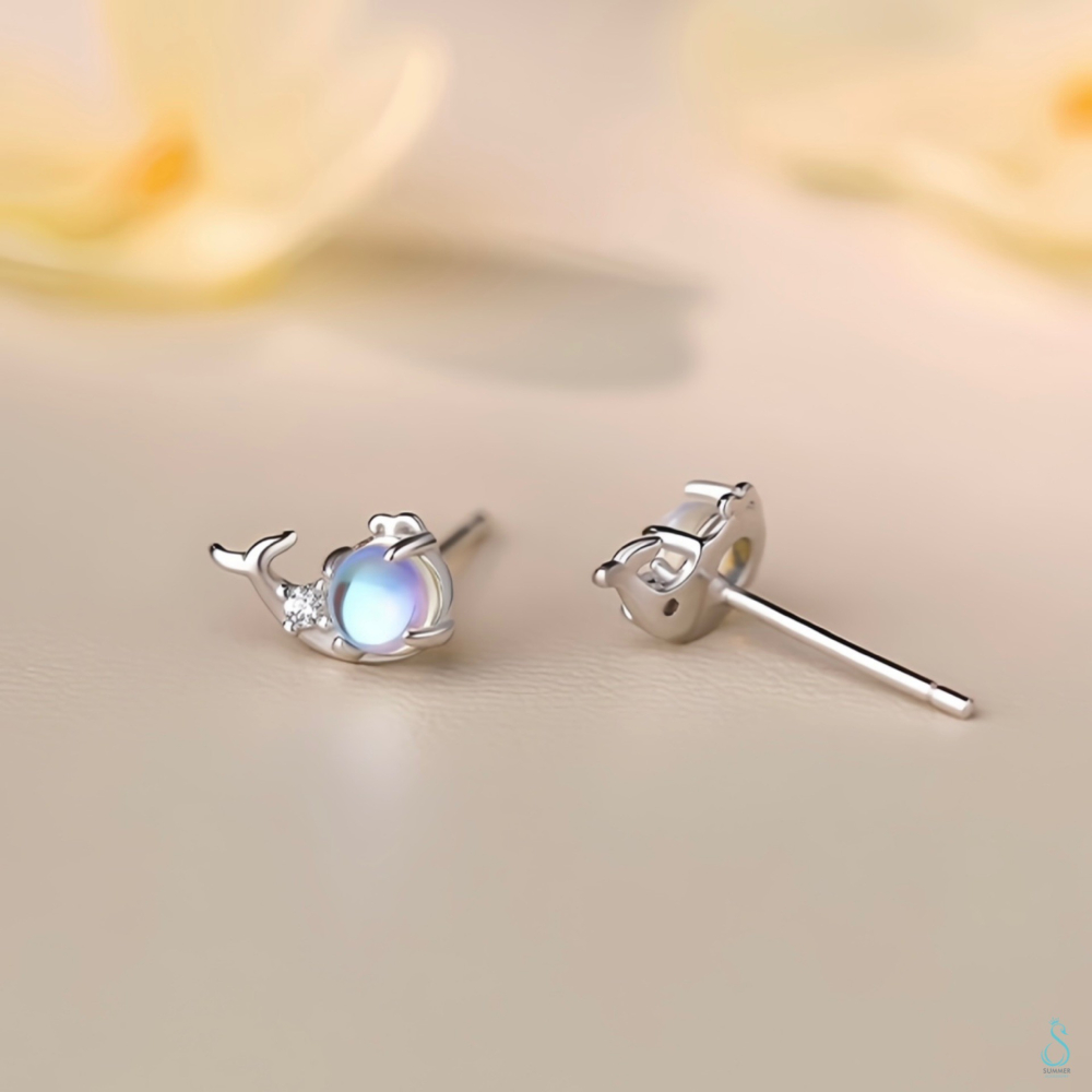 SUMMER 銀飾💫［999足銀］夢幻<微光海鯨>小鯨魚純銀耳環 純銀飾品-細節圖8