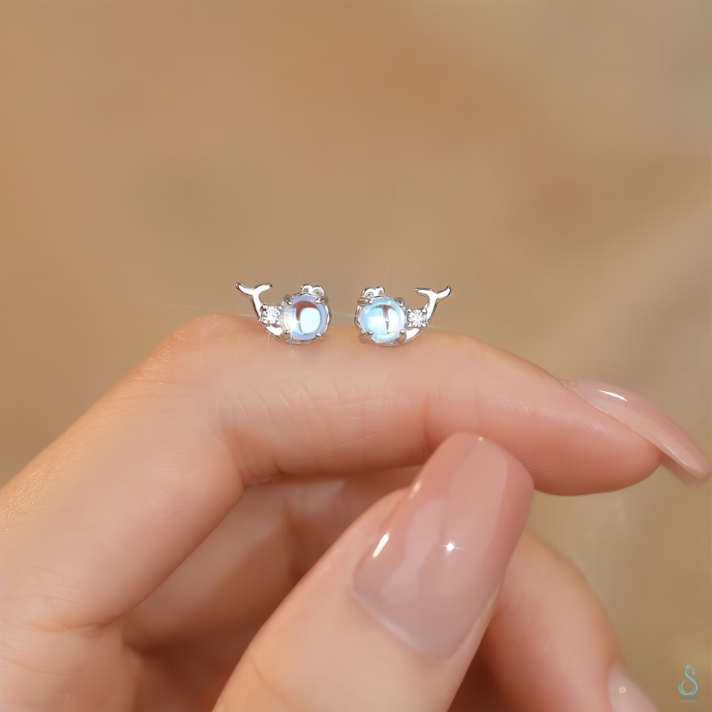 SUMMER 銀飾💫［999足銀］夢幻<微光海鯨>小鯨魚純銀耳環 純銀飾品-細節圖6