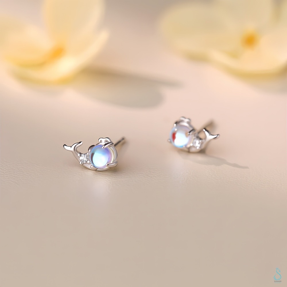 SUMMER 銀飾💫［999足銀］夢幻<微光海鯨>小鯨魚純銀耳環 純銀飾品-細節圖4