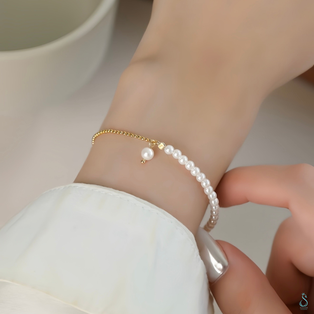 SUMMER韓 銀飾💫［925純銀］<光影之約>珍珠拼接手鏈 純銀手鏈 韓系甜美  純銀飾品-細節圖2