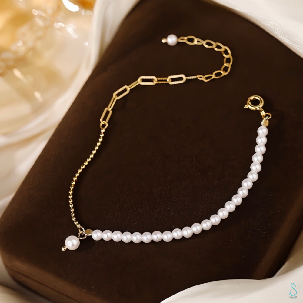 SUMMER韓 銀飾💫［925純銀］<光影之約>珍珠拼接手鏈 純銀手鏈 韓系甜美  純銀飾品-細節圖3