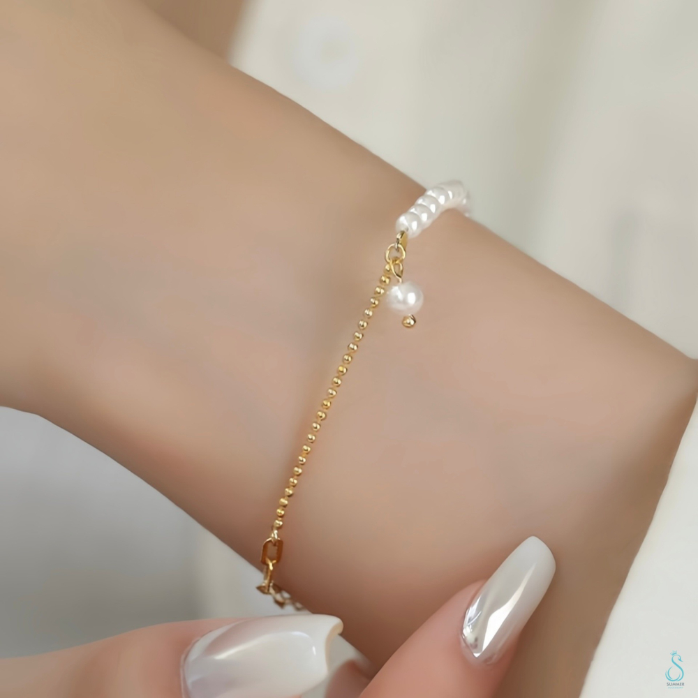 SUMMER韓 銀飾💫［925純銀］<光影之約>珍珠拼接手鏈 純銀手鏈 韓系甜美  純銀飾品-細節圖6