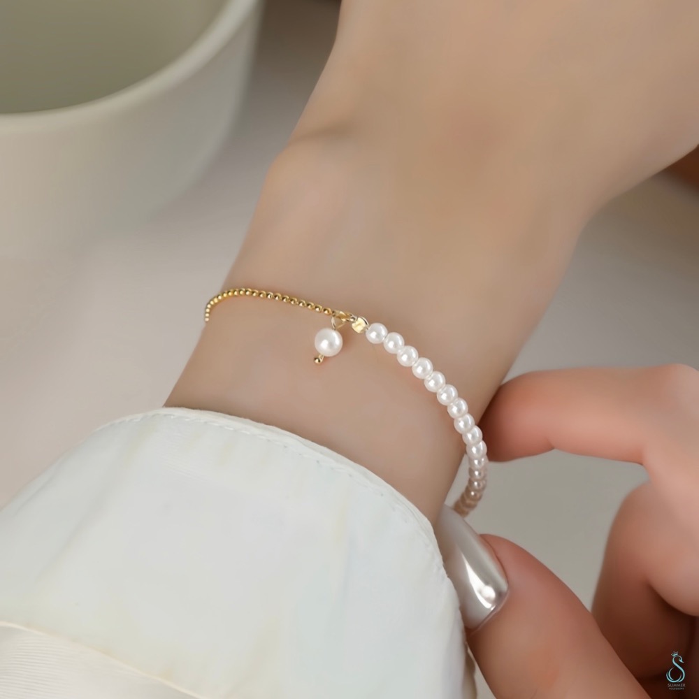 SUMMER韓 銀飾💫［925純銀］<光影之約>珍珠拼接手鏈 純銀手鏈 韓系甜美  純銀飾品-細節圖2