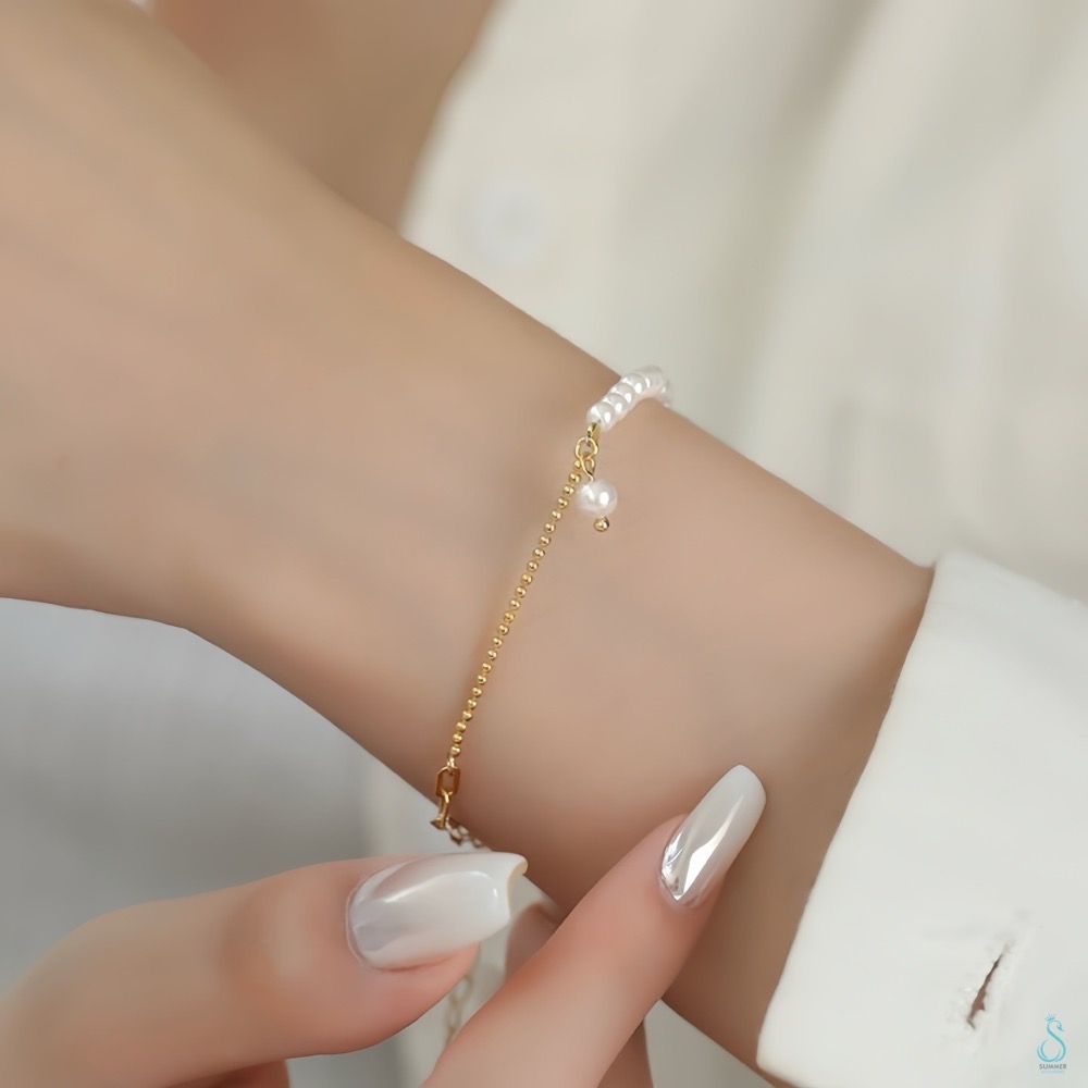SUMMER韓 銀飾💫［925純銀］<光影之約>珍珠拼接手鏈 純銀手鏈 韓系甜美  純銀飾品-細節圖4