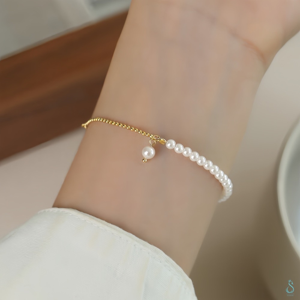 SUMMER韓 銀飾💫［925純銀］<光影之約>珍珠拼接手鏈 純銀手鏈 韓系甜美  純銀飾品-細節圖5