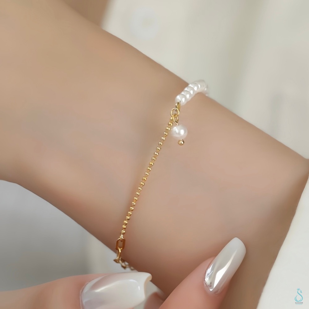 SUMMER韓 銀飾💫［925純銀］<光影之約>珍珠拼接手鏈 純銀手鏈 韓系甜美  純銀飾品-細節圖6