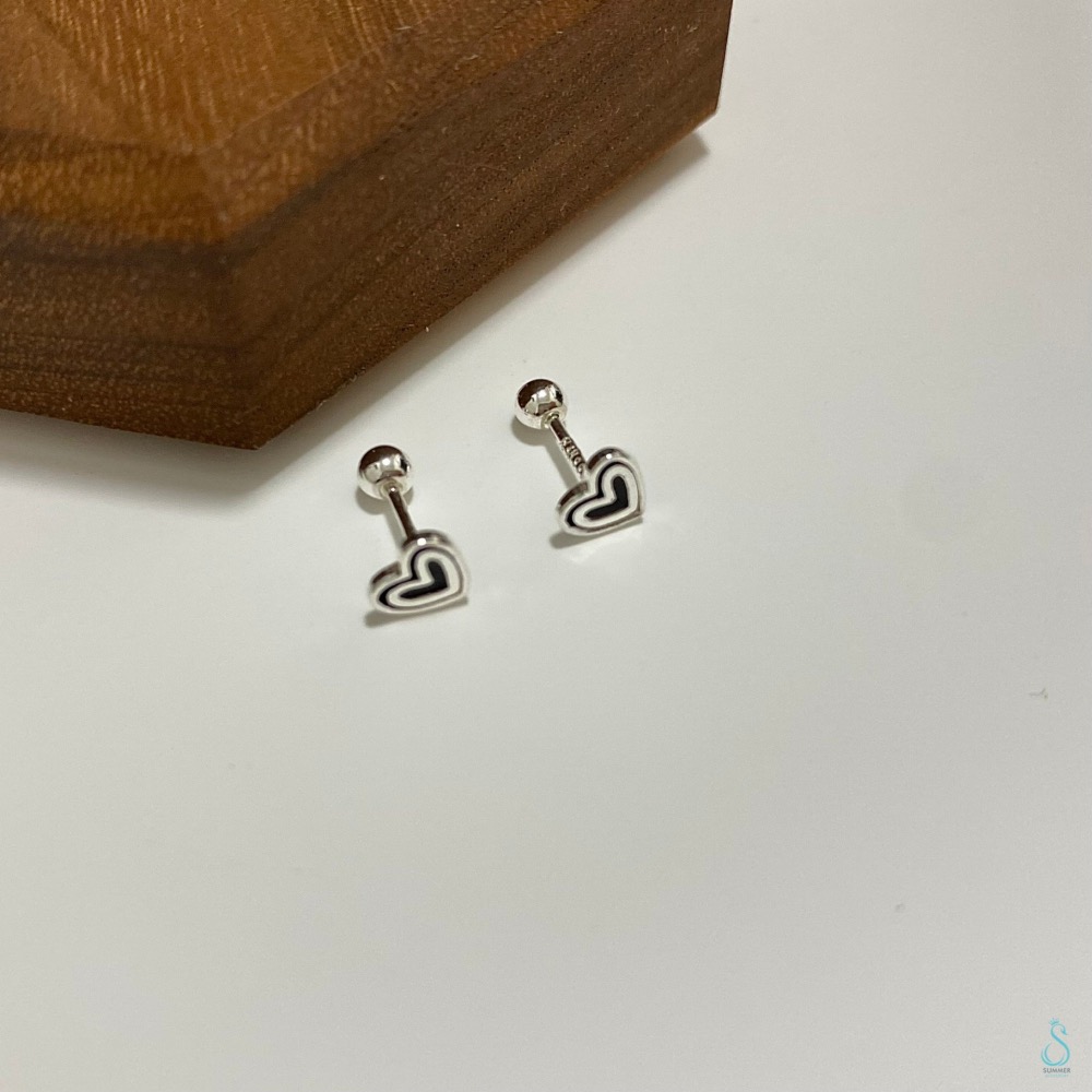 SUMMER 銀飾💫［999足銀］<黑白戀曲>愛心轉珠耳環 養耳不過敏 耳蝸耳環 鎖珠式耳環 純銀耳環 銀飾品-細節圖2
