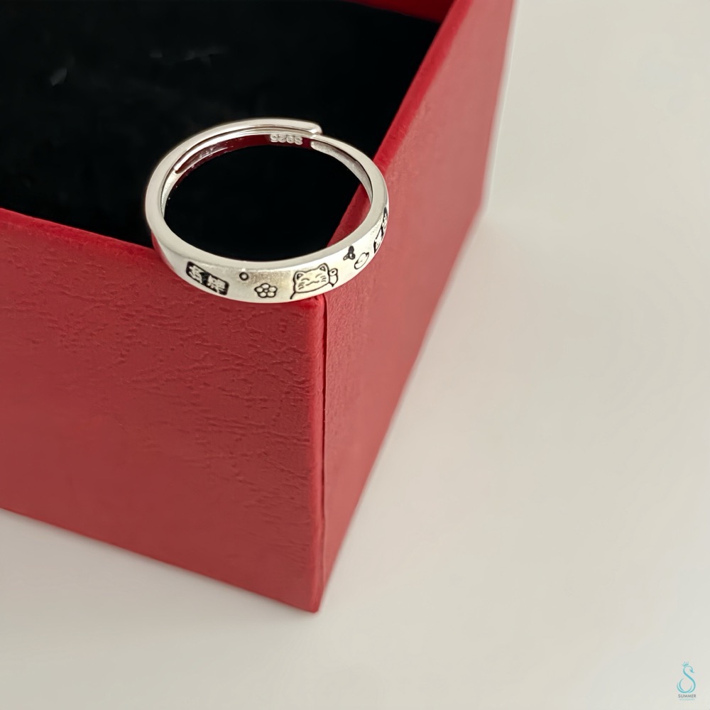 SUMMER 銀飾💫［925純銀］開運招財戒 <面刻印 招財/ 納福> 純銀戒指 招財貓 純銀飾品-細節圖5