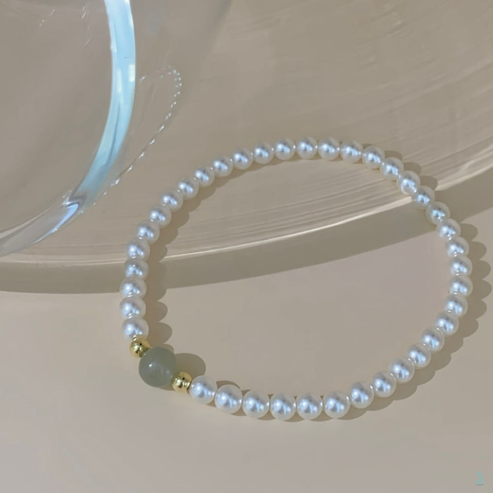 SUMMER 銀飾💫［925純銀］天然和田玉 高光圓潤施華洛珍珠手鏈  顯白 氣質款 珍珠手鏈-細節圖2