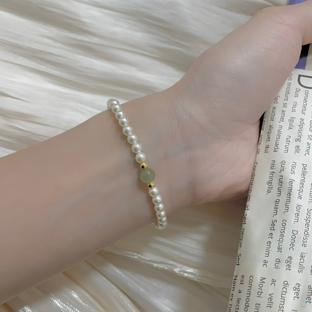 SUMMER 銀飾💫［925純銀］天然和田玉 高光圓潤施華洛珍珠手鏈  顯白 氣質款 珍珠手鏈-細節圖4