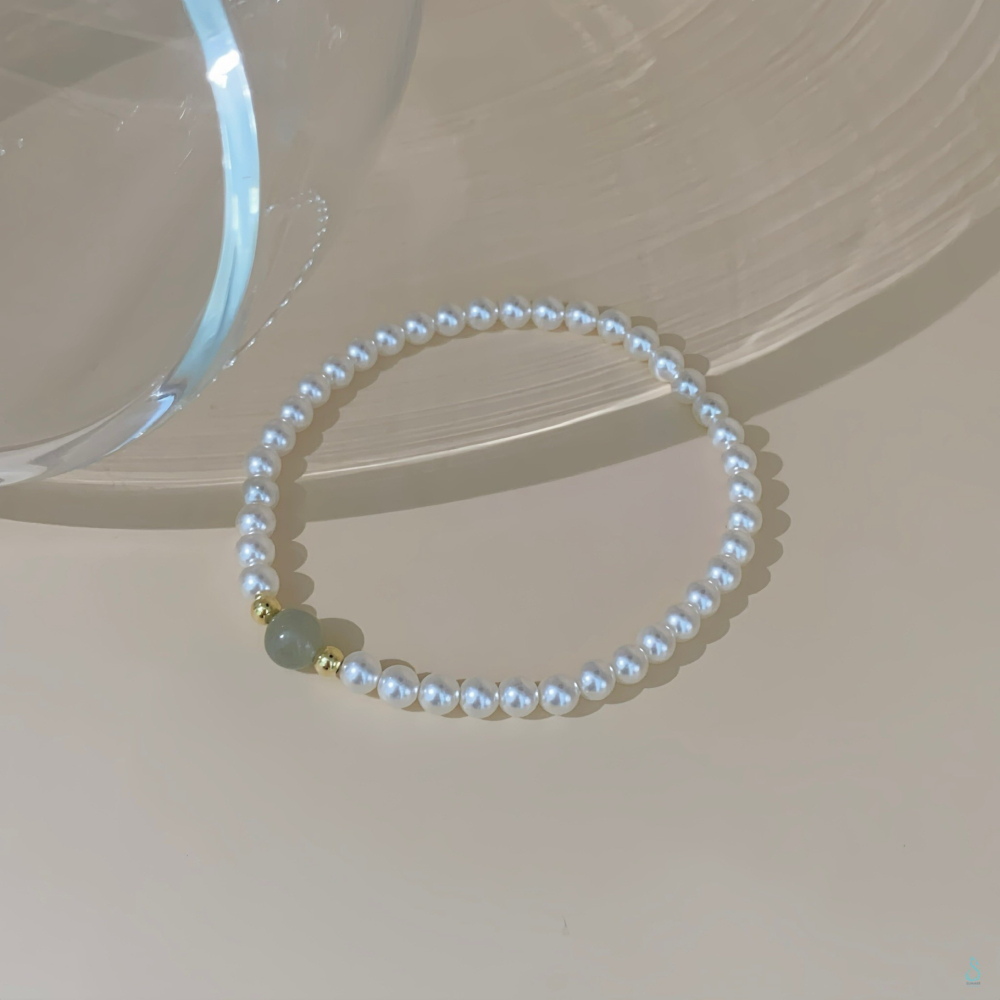 SUMMER 銀飾💫［925純銀］天然和田玉 高光圓潤施華洛珍珠手鏈  顯白 氣質款 珍珠手鏈-細節圖5