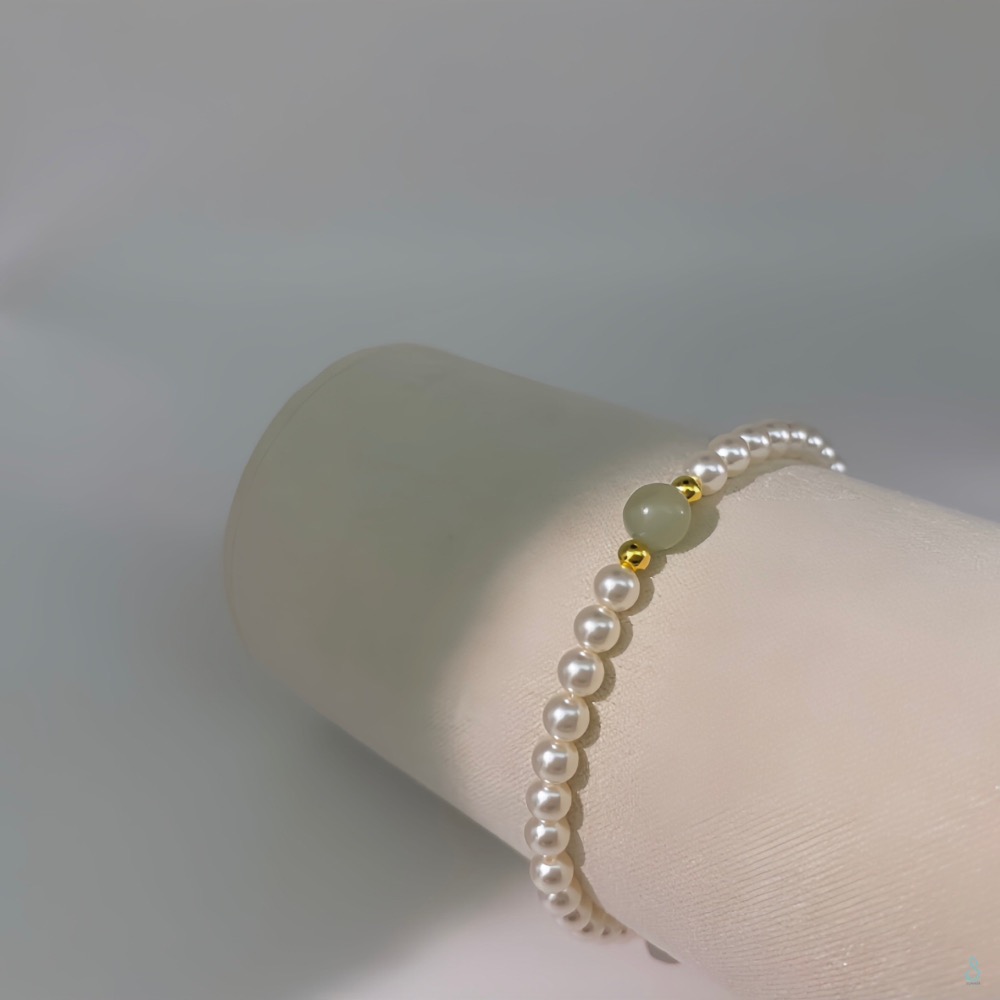 SUMMER 銀飾💫［925純銀］天然和田玉 高光圓潤施華洛珍珠手鏈  顯白 氣質款 珍珠手鏈-細節圖7