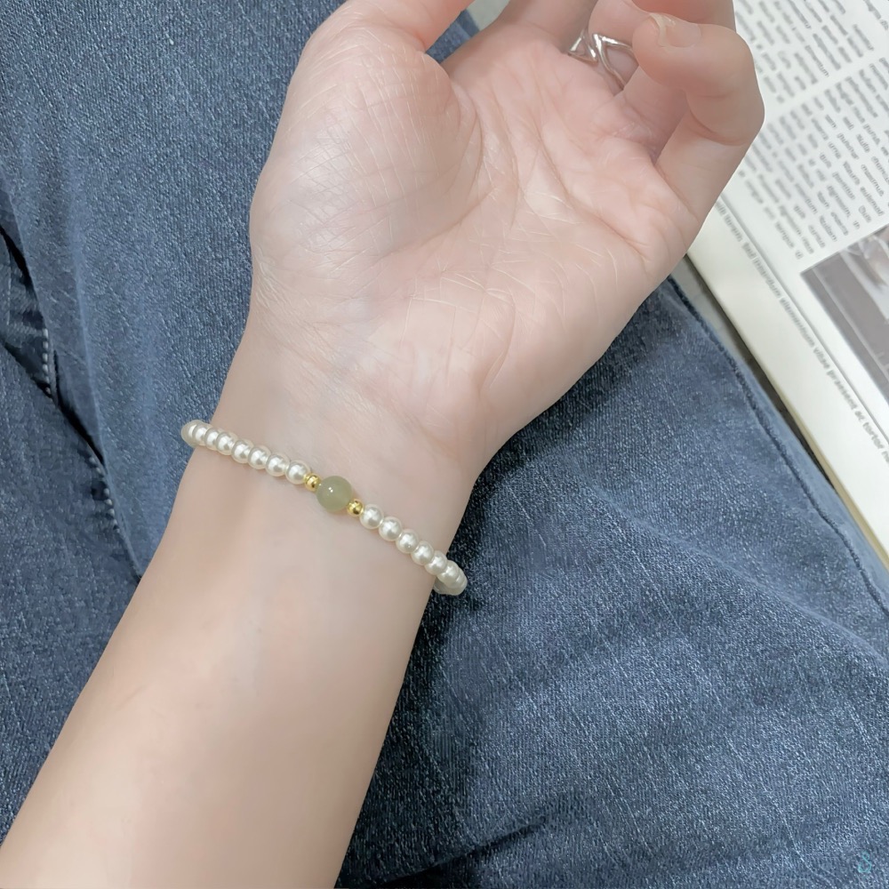 SUMMER 銀飾💫［925純銀］天然和田玉 高光圓潤施華洛珍珠手鏈  顯白 氣質款 珍珠手鏈-細節圖8