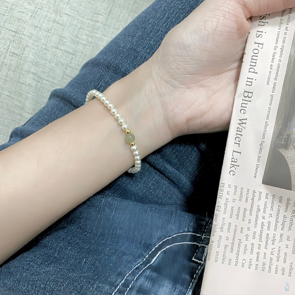 SUMMER 銀飾💫［925純銀］天然和田玉 高光圓潤施華洛珍珠手鏈  顯白 氣質款 珍珠手鏈-細節圖9