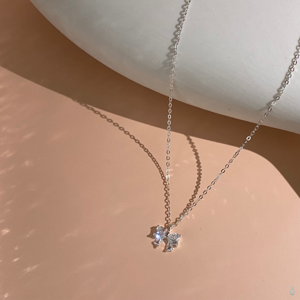 SUMMER韓 銀飾💫［999足銀］<晶鑽蝴蝶結>純銀項鍊 蝴蝶結項鏈 韓國 純銀飾品-細節圖2
