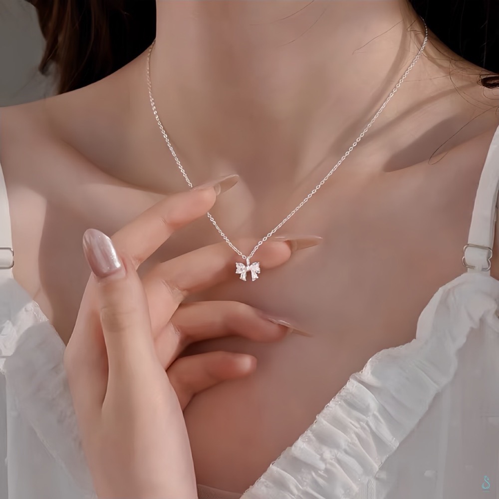 SUMMER韓 銀飾💫［999足銀］<晶鑽蝴蝶結>純銀項鍊 蝴蝶結項鏈 韓國 純銀飾品-細節圖4