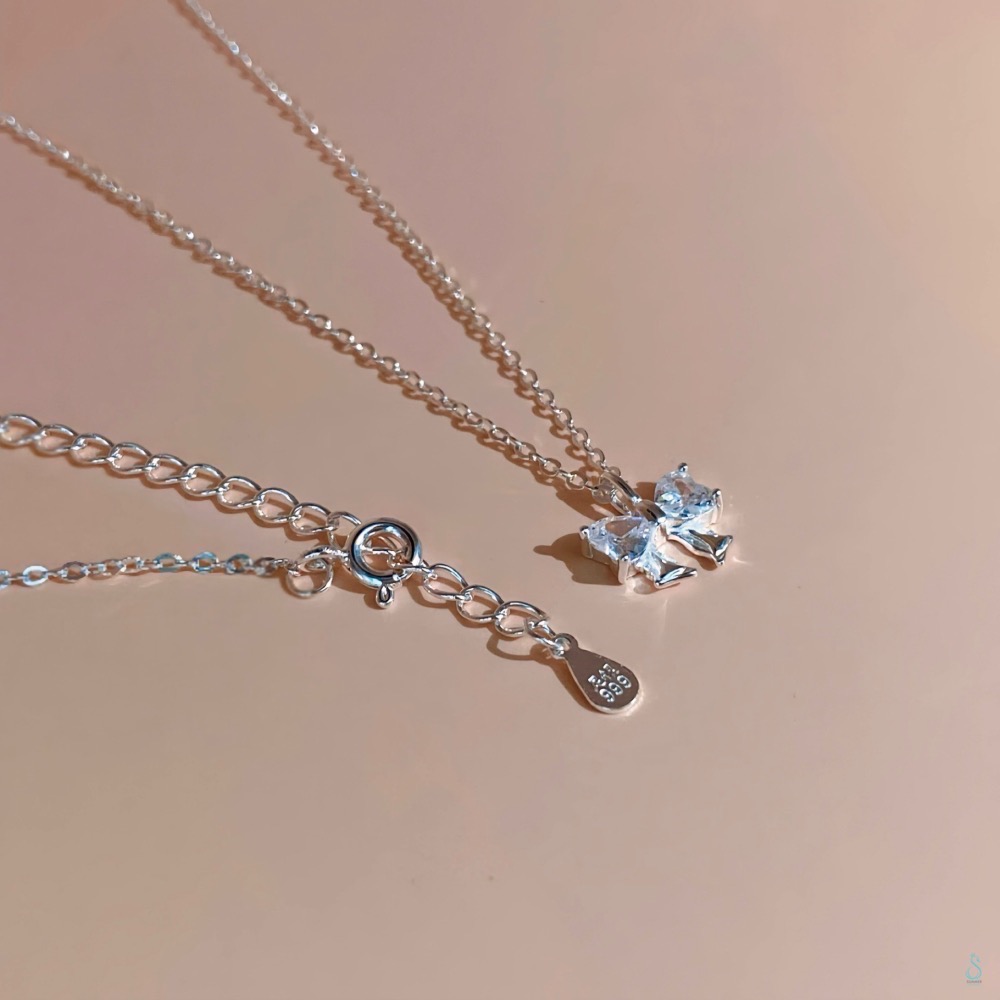 SUMMER韓 銀飾💫［999足銀］<晶鑽蝴蝶結>純銀項鍊 蝴蝶結項鏈 韓國 純銀飾品-細節圖3