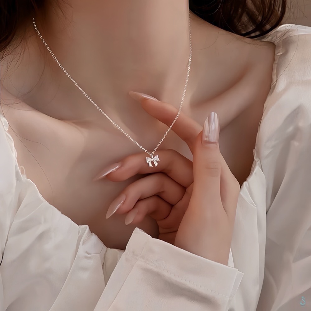 SUMMER韓 銀飾💫［999足銀］<晶鑽蝴蝶結>純銀項鍊 蝴蝶結項鏈 韓國 純銀飾品-細節圖5