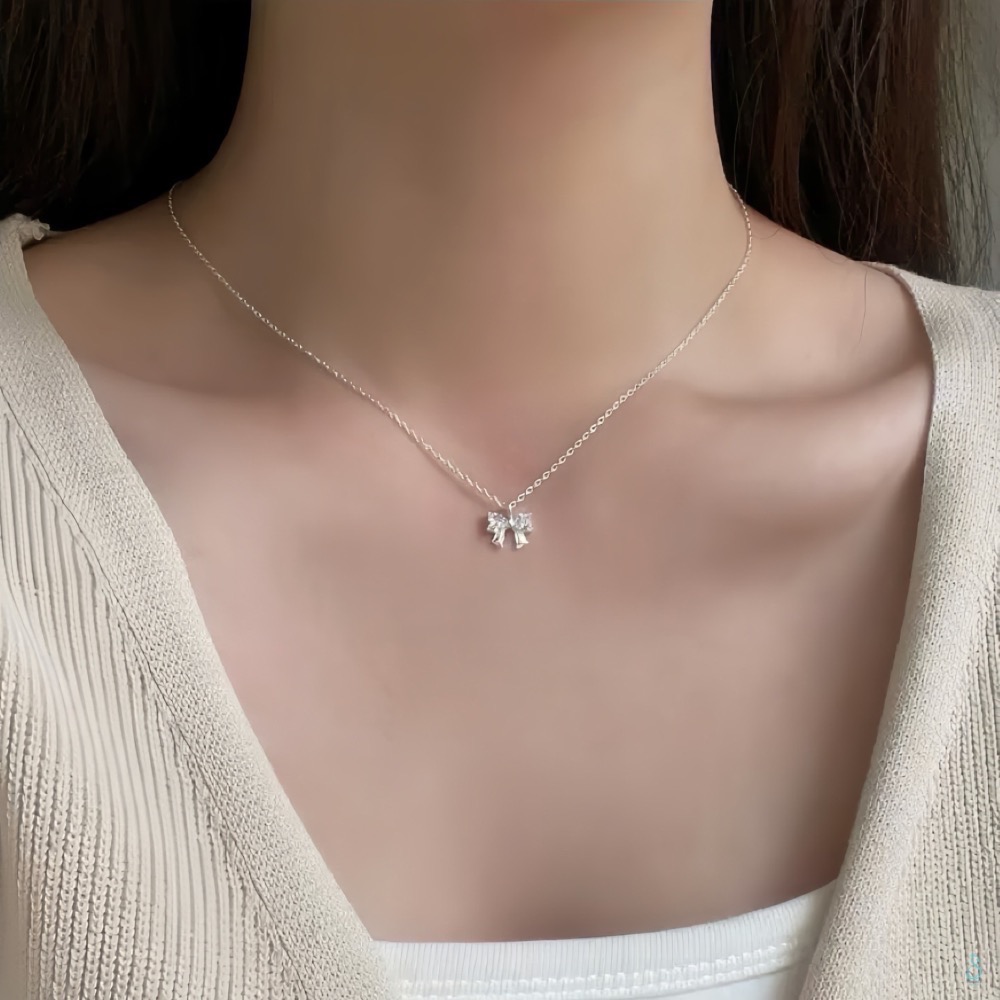 SUMMER韓 銀飾💫［999足銀］<晶鑽蝴蝶結>純銀項鍊 蝴蝶結項鏈 韓國 純銀飾品-細節圖9