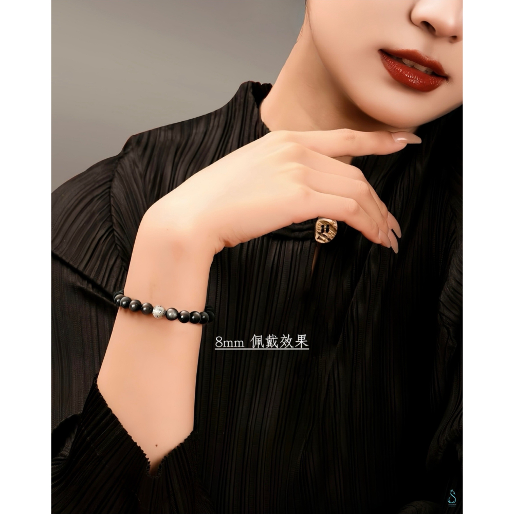 SUMMER 銀飾💫［S999足銀］避邪保平安 可客訂手圍 六字箴言天然黑曜石/銀曜石手鍊 情侶手鍊 純銀手鍊-細節圖8
