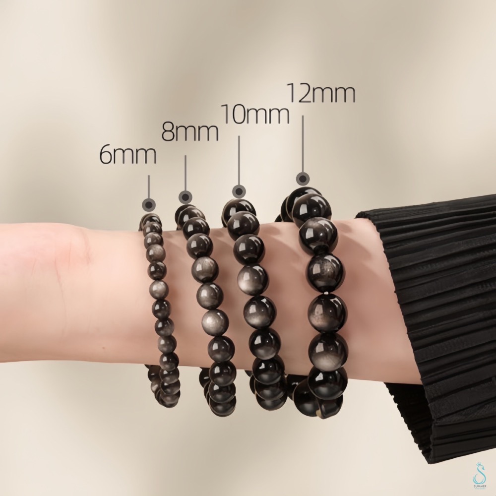 SUMMER 銀飾💫［S999足銀］避邪保平安 可客訂手圍 六字箴言天然黑曜石/銀曜石手鍊 情侶手鍊 純銀手鍊-細節圖7