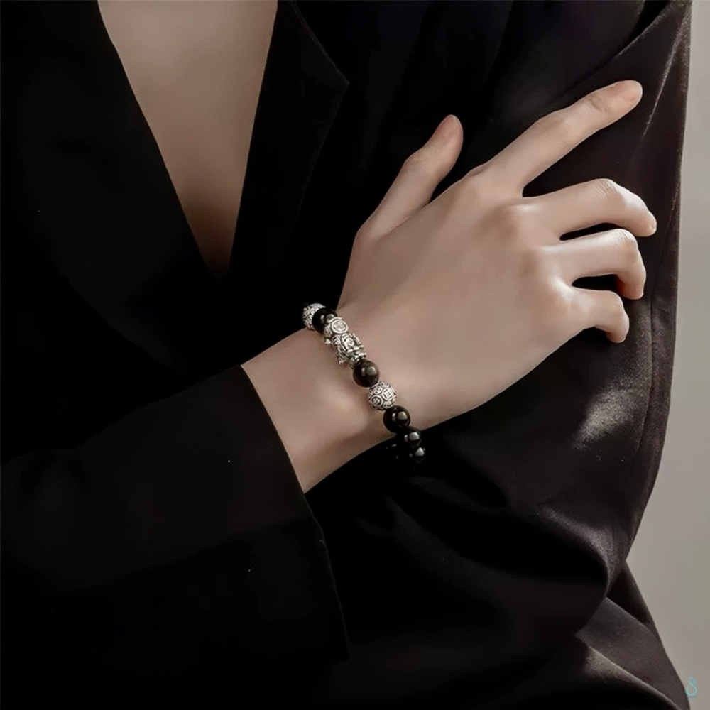 SUMMER 銀飾💫［S999足銀］招財避邪 可客訂手圍 雙銀珠貔貅 天然黑曜石/金曜石手鍊 情侶手鍊 純銀手鍊-細節圖2