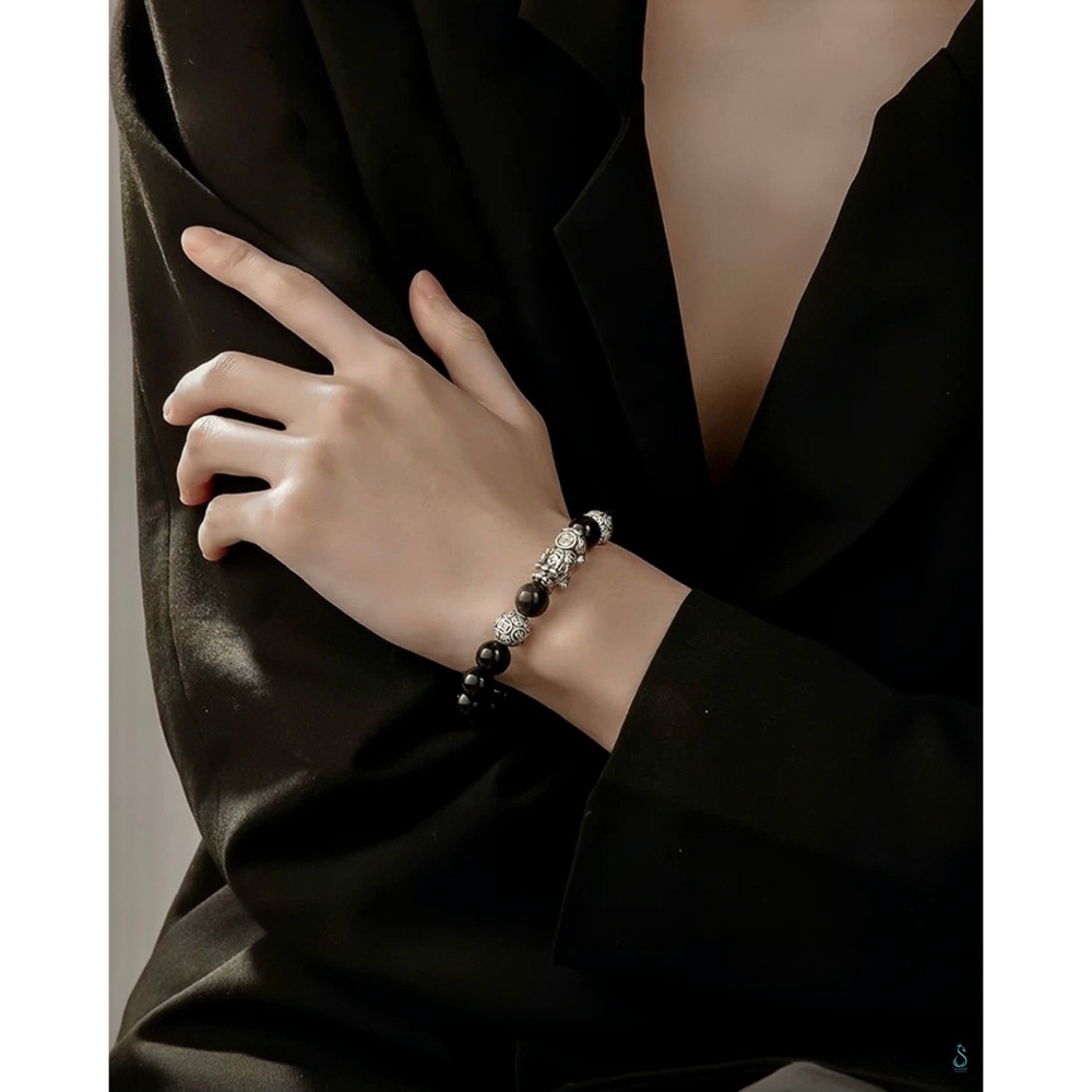 SUMMER 銀飾💫［S999足銀］招財避邪 可客訂手圍 雙銀珠貔貅 天然黑曜石/金曜石手鍊 情侶手鍊 純銀手鍊-細節圖7