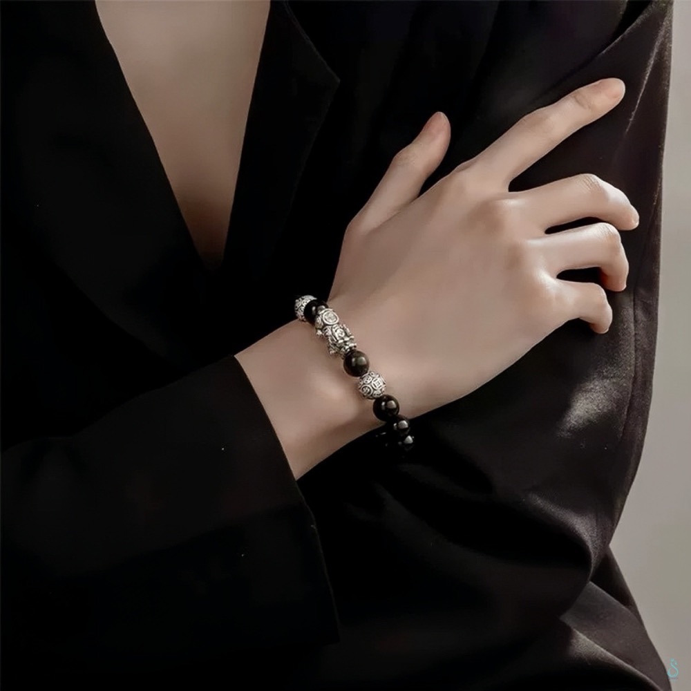 SUMMER 銀飾💫［S999足銀］招財避邪 可客訂手圍 雙銀珠貔貅 天然黑曜石/金曜石手鍊 情侶手鍊 純銀手鍊-細節圖2