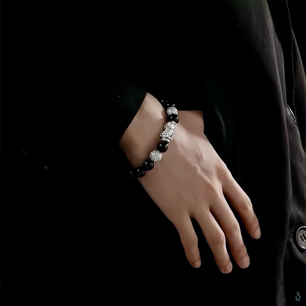 SUMMER 銀飾💫［S999足銀］招財避邪 可客訂手圍 雙銀珠貔貅 天然黑曜石/金曜石手鍊 情侶手鍊 純銀手鍊-細節圖3