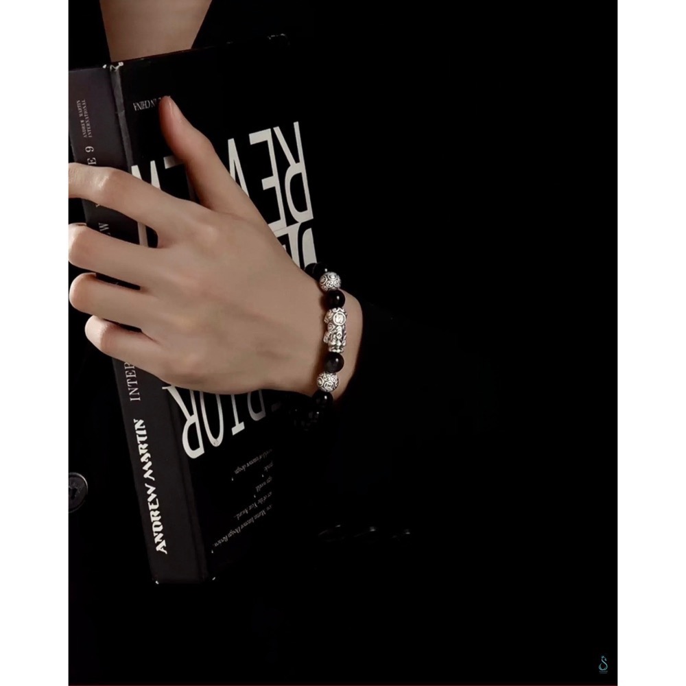 SUMMER 銀飾💫［S999足銀］招財避邪 可客訂手圍 雙銀珠貔貅 天然黑曜石/金曜石手鍊 情侶手鍊 純銀手鍊-細節圖8