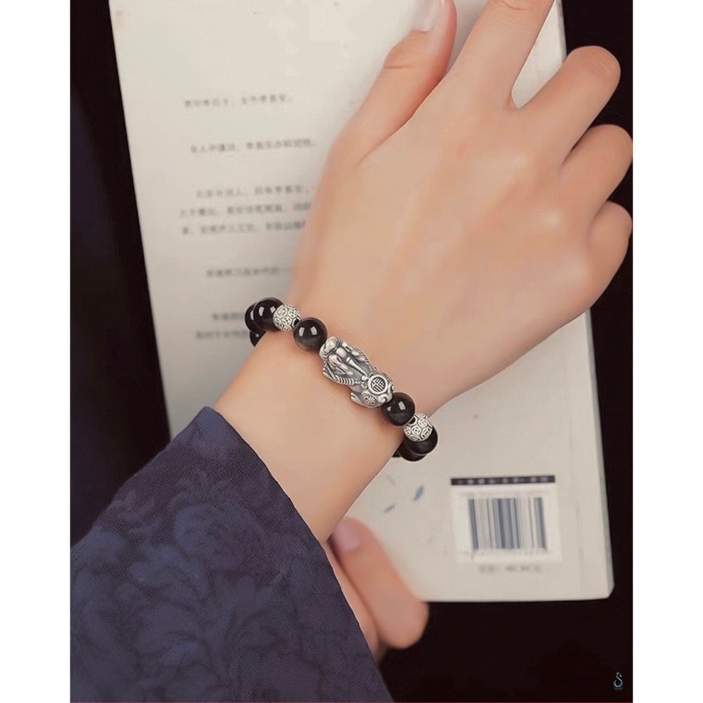 SUMMER 銀飾💫［S999足銀］招財避邪 可客訂手圍 雙銀珠貔貅 天然黑曜石/金曜石手鍊 情侶手鍊 純銀手鍊-細節圖9