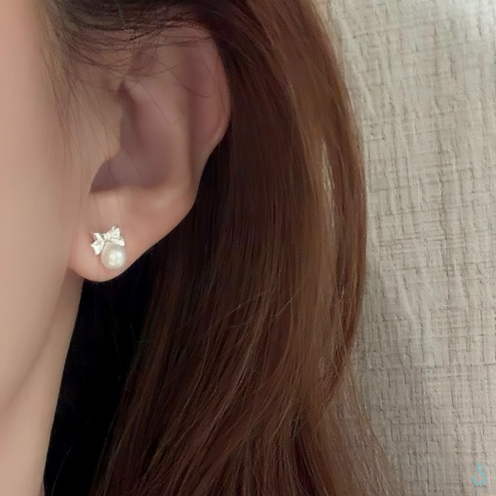 SUMMER韓 銀飾💫［925純銀］約會必備🎀<甜心蝴蝶結珍珠耳環>鎖珠式耳環 正韓 珍珠 耳骨 轉珠純銀耳環 純銀-細節圖7