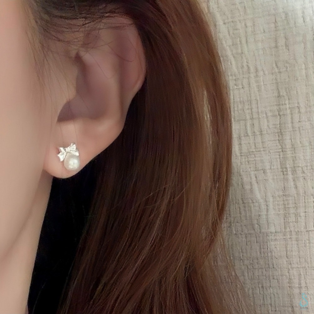 SUMMER韓 銀飾💫［925純銀］約會必備🎀<甜心蝴蝶結珍珠耳環>鎖珠式耳環 正韓 珍珠 耳骨 轉珠純銀耳環 純銀-細節圖7