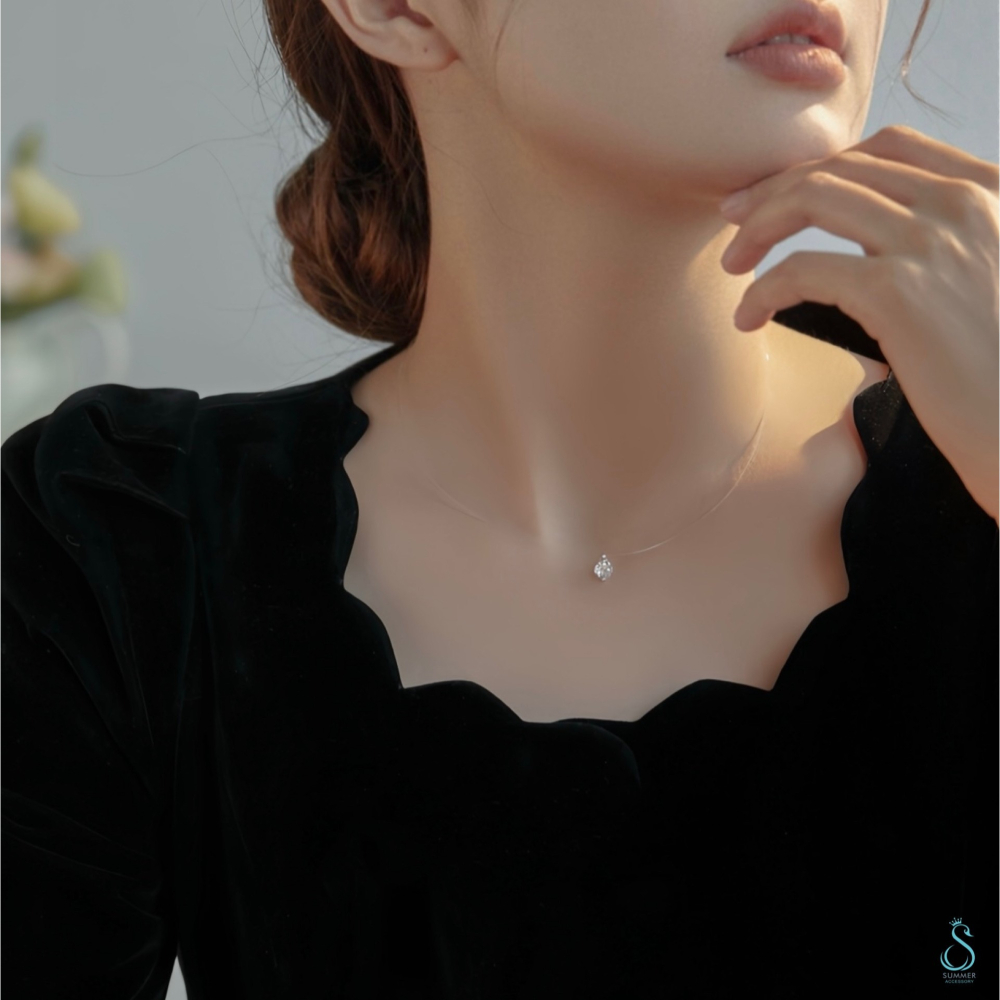 SUMMER 銀飾💫［925純銀］ 超閃5A鋯石 單鑽魚線項鍊 隱形￼項鏈 人魚之淚 純銀項鍊-細節圖6