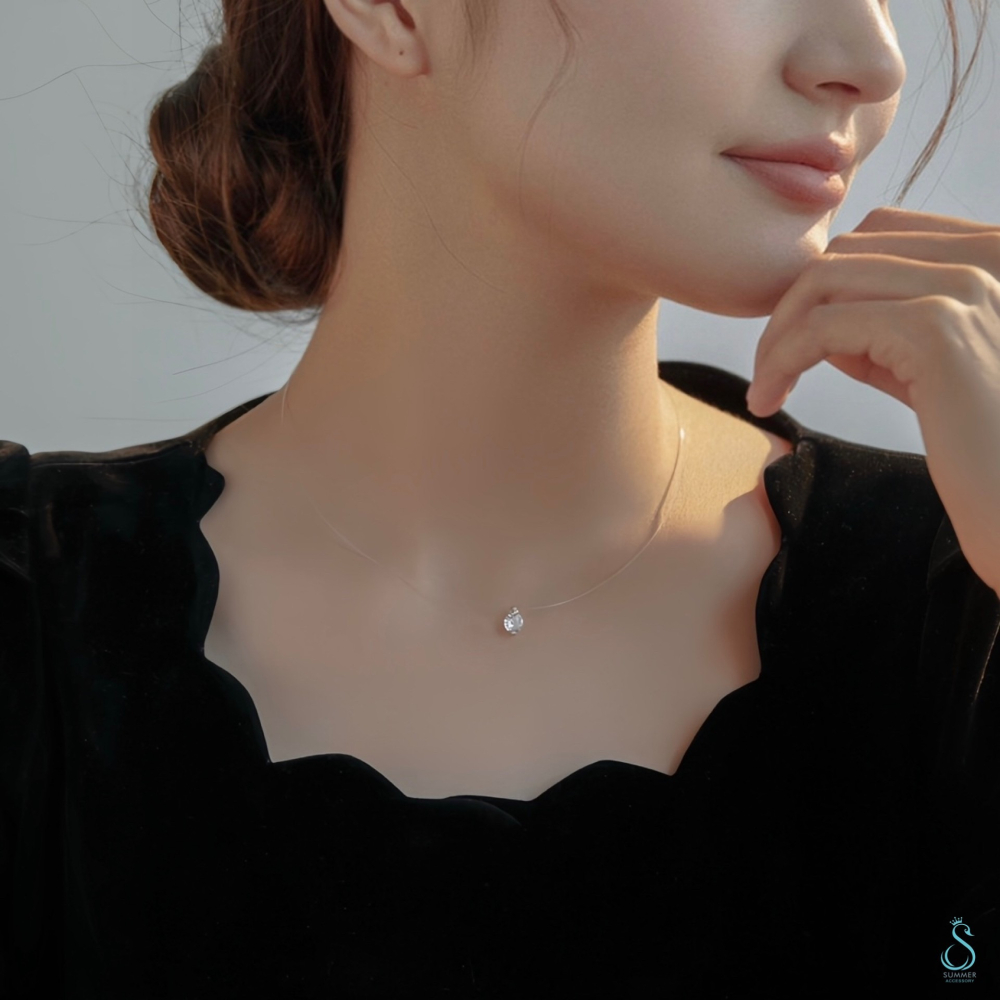 SUMMER 銀飾💫［925純銀］ 超閃5A鋯石 單鑽魚線項鍊 隱形￼項鏈 人魚之淚 純銀項鍊-細節圖7