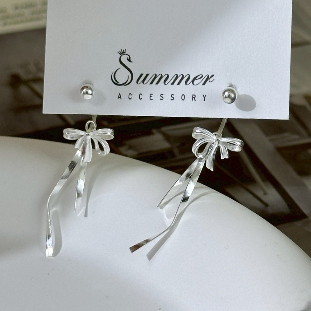 SUMMER韓 銀飾💫［925純銀］氣質甜美 立體蝴蝶結銀絲流蘇 鎖珠式耳環 長耳環 流蘇垂墜耳環 純銀耳環-細節圖2