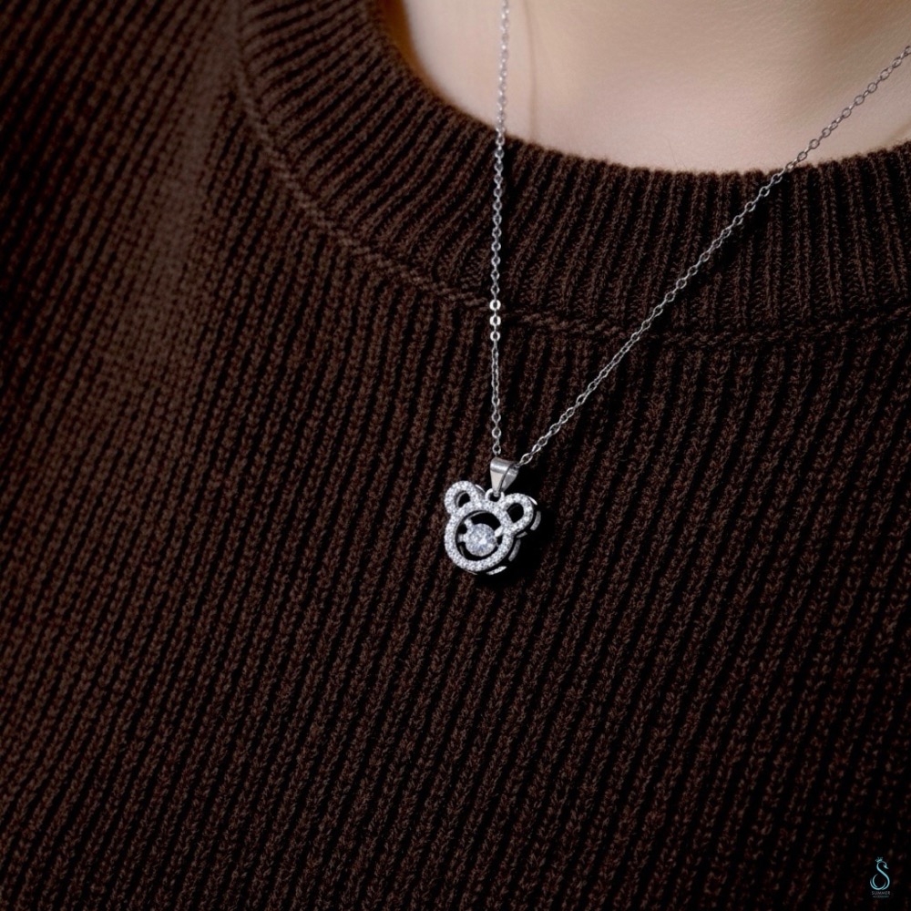 SUMMER 銀飾💫［925純銀］🐻閃鑽小熊靈動項鏈 ✨中間鑽會跳動喔✨純銀項鏈 純銀飾品-細節圖2