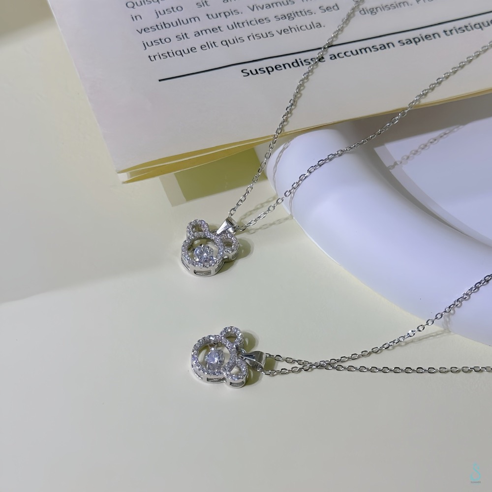 SUMMER 銀飾💫［925純銀］🐻閃鑽小熊靈動項鏈 ✨中間鑽會跳動喔✨純銀項鏈 純銀飾品-細節圖3