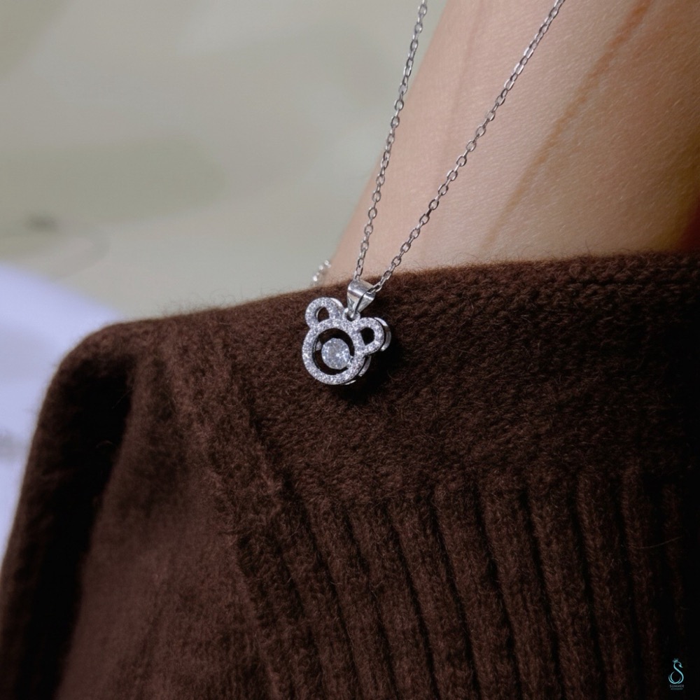 SUMMER 銀飾💫［925純銀］🐻閃鑽小熊靈動項鏈 ✨中間鑽會跳動喔✨純銀項鏈 純銀飾品-細節圖5